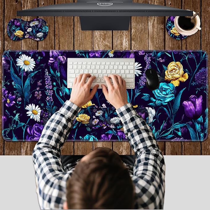 Ergonomic Keyboard Wrist Rest &amp Mouse Pad Wrist Rest SetXL Gaming Desk Mat 31.5x 11.8Non-Slip BaseMemory FoamEasy Typing Pain Relief for Office &amp HomePurple Floral Bouquet