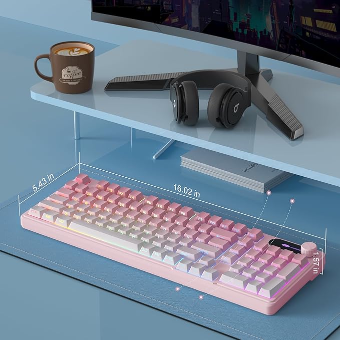 MageGee GK960 Wireless Gaming Keyboard RGB Tri-Mode Wired/BT/2.4G Creamy Keyboard with Number Pad 4000mAh Battery Knob Control Side Printed Keycaps 19-Key Anti-Ghosting for Win/Mac (Pink &amp Wh