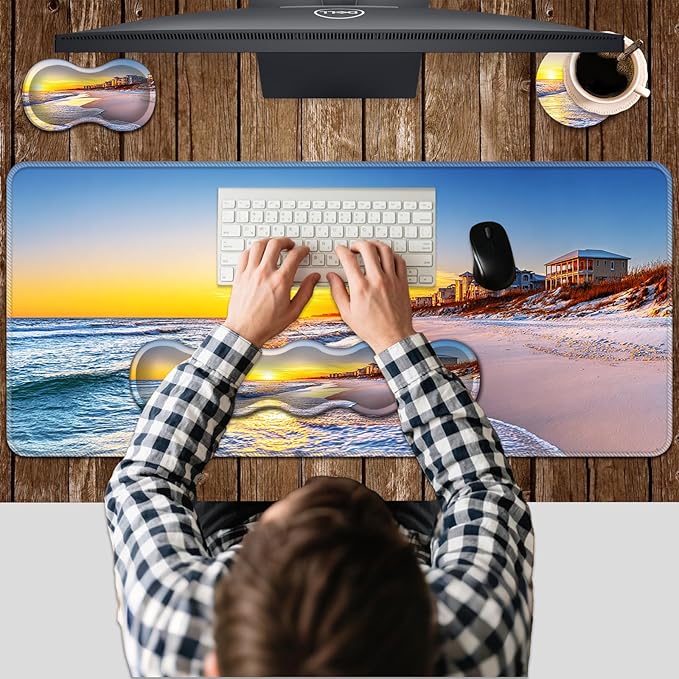 Ergonomic Keyboard Wrist Rest &amp Mouse Pad Wrist Rest SetXL Gaming Desk Mat 31.5x 11.8Non-Slip BaseMemory FoamEasy Typing Pain Relief for Office &amp HomeSunset with Beach Houses