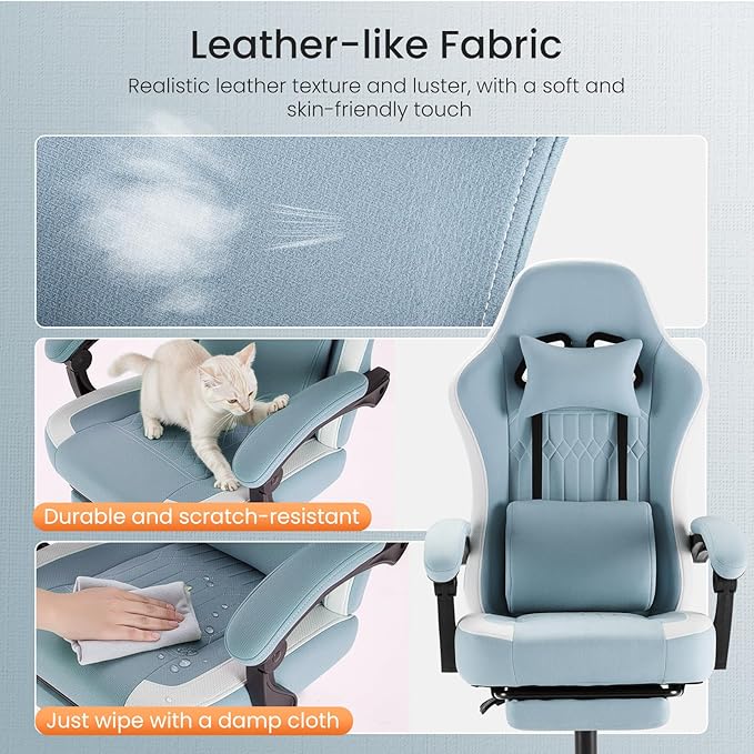 Sweetcrispy Video Game Chair - High Back Ergonomic Computer Desk Chair with Footrest &amp Lumbar Support Height Adjustable Task Chair with Linkage Armrests and Headrest 360° Swivel Wheels Blue