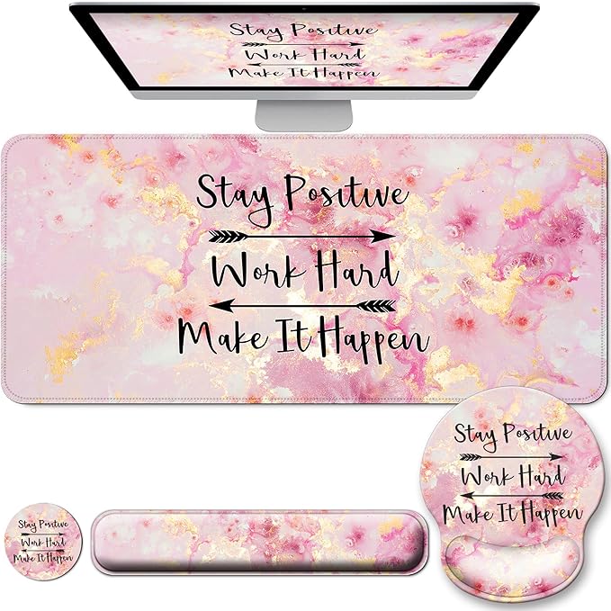 Large Mouse Pad and Keyboard Wrist Rest + Desk Mat SetFull Long Mouse Pads for Desk Accessories with Memory Foam Gel Pink Mousepad for Women Computer Desktop Office Work-Pink &amp Black Slogan