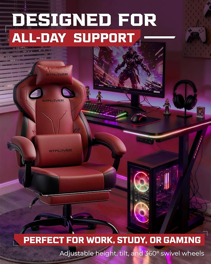 GTPLAYER Gaming Chair Computer Chair with Footrest and Lumbar Support for Adults 360°-Swivel Big &amp Tall Reclining Seat for Office or Gaming (Wine Red)