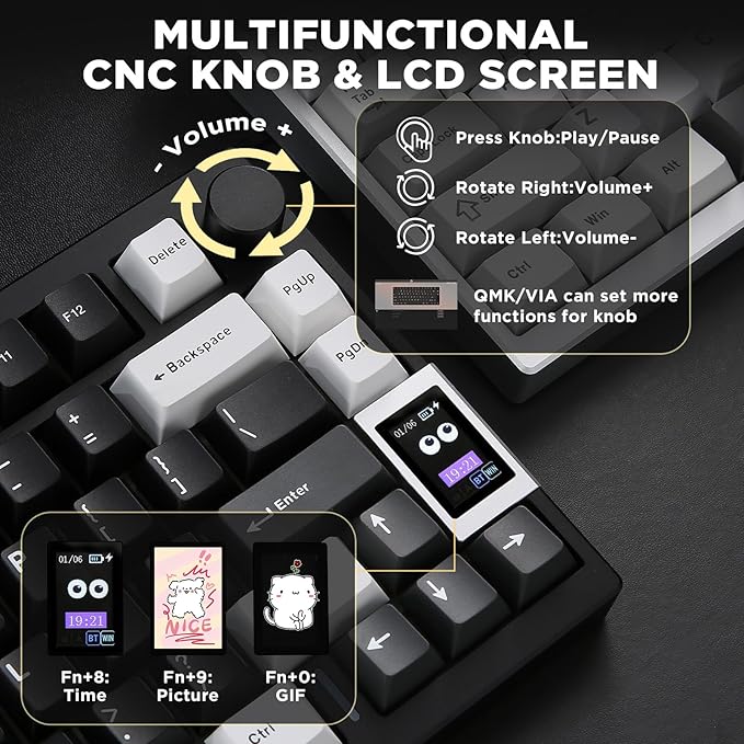 YUNZII AL80 Wireless Mechanical KeyboardFull Aluminum CNC Smart LCD DisplayHot Swappable Gasket Mount 75% Layout with KnobBT/2.4G/USB-CQMK/VIA Support for Win/Mac (Black Gateron Zero Switch)