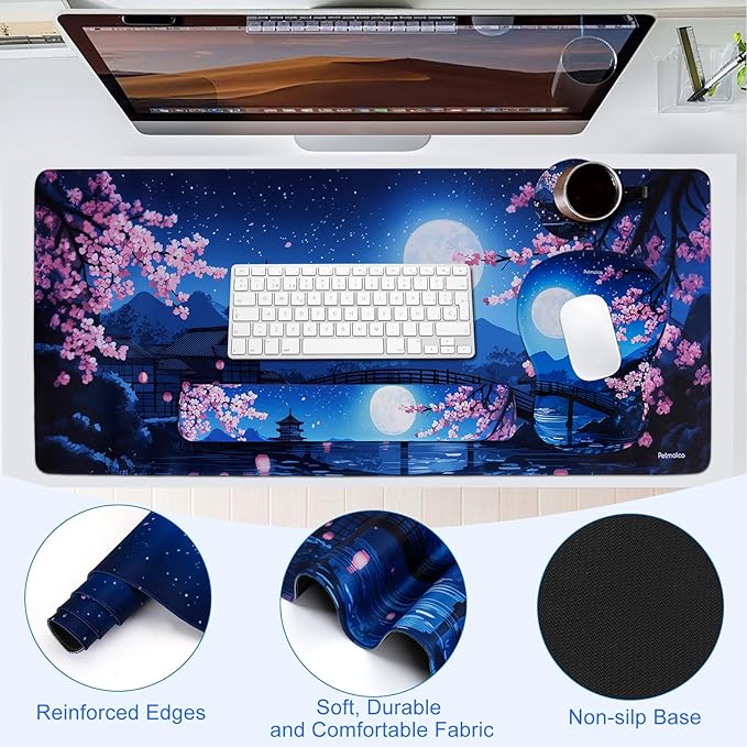 Petmolico Mouse Pad Set with Computer Keyboard Desk PadMouse Pad with Wrist RestTyping Wrist Pad and Cup CoastersErgonomic Design for Typing Pain Relief [NightfallMoon]