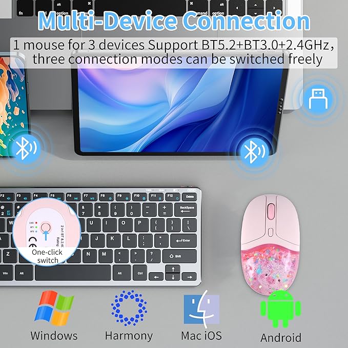Wireless Mouse with Liquid Quicksand Sequins 2.4GHz &amp Bluetooth Dual Mode Rechargeable Silent Cute Aqua Mouse with LED Light Portable Water Mice for Laptop PC Tablet MacBook Kids Adults Gift (Pink