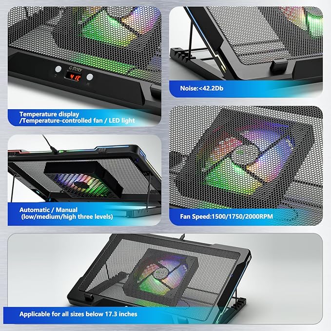 G-STORY Gaming Laptop Cooling Pad with Movable Fan and Automatic Speed Adjustable by TemperatureMusic Sync RGB LightLow Noise Laptop Cooler 3 Speed 1500/1750/2000RPM(140MM) Stand 12–18 Notebook