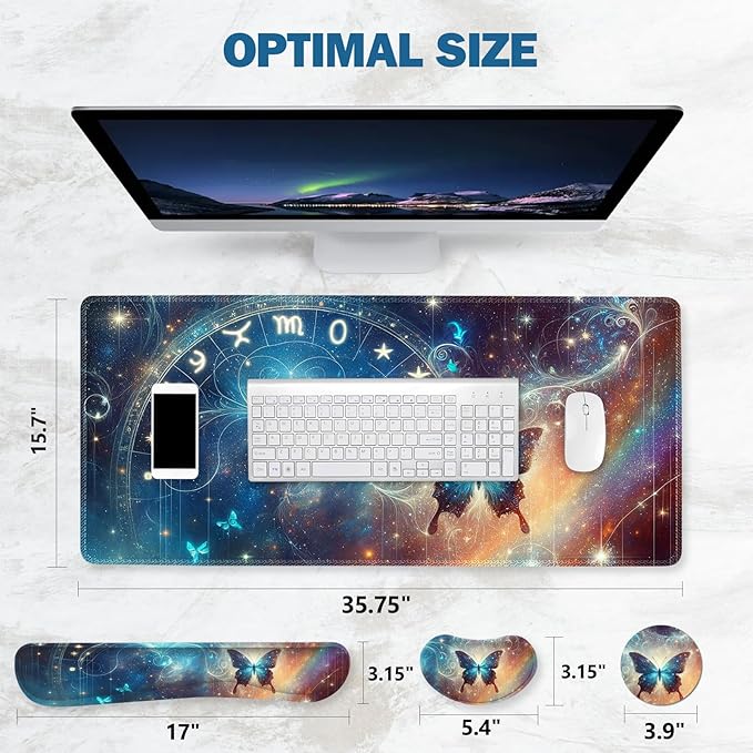 ToLuLu Large Mouse Pad Desk Pad Set Wrist Rest Support Desk Mat for Keyboard and Mouse 4PCS 35.4”x15.7 XXL Giant Mouse Pad Non-Slip Base Stitched Edges Mousepad Home Office Glittering Butterfly