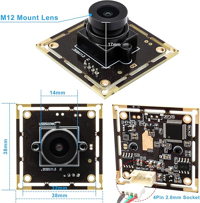 5MP USB Camera Module 2.1mm Wide Angle Lens - 2592x1944 CMOS Sensor Plug &amp Play Industrial Webcam for Machine Vision Inspection Monitoring - Compatible with Windows Linux macOS Raspberry Pi