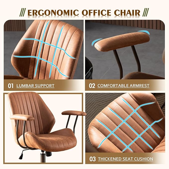 High Back Office ChairModern Swivel Office ChairBrown Suede Fabric Gaming ChairHeight Adjustable Home Office Desk Chair with Lumbar Support