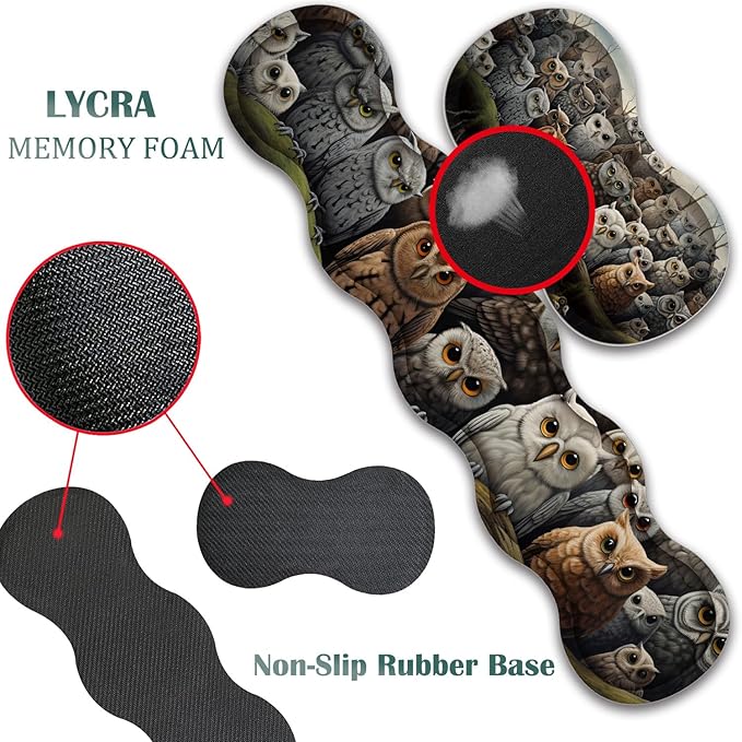 4 in 1 Mouse Pad Combo Large Gaming Mouse Pad + Keyboard Wrist Support + Mouse Wrist Rest + Coaster Table Pad 31.5 x 11.8 with Memory Foam Ergonomic Wrist Pad Set Many Owl