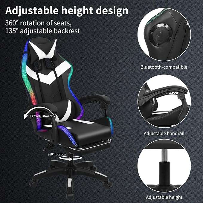 Talent Star RGB Gaming Chair with LED LightsAdjustable Ergonomic Massage Computer Gaming Chair with Speakers &amp Footrest High Back Video Game Chair with Lumbar Support for Adults White