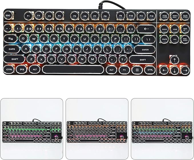 Mechanical Gaming Keyboard Retro Punk Typewriter Style USB Wired Computer Keyboard with RGB Backlit and Round Keycaps Plug and Play Black Ergonomic PC Keyboard for Laptop
