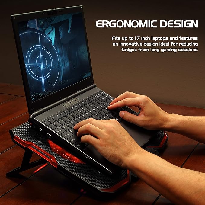 Enhance Cryogen Gaming Laptop Cooling Pad - Fits 17 in. Computer PS4 - Adjustable Laptop Cooling Stand with 5 Quiet Cooler Fans 2 USB Ports and LED Lighting - Slim Portable Design 2500 RPM (Red)