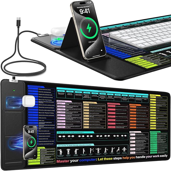 Mouse Pad with Foldable Phone Holder Wireless Charging Desk Mat with Excel/Word/PowerPoint/Windows Shortcut Keys 31.5x15.8 Large Mousepad XXL Desk Pad with Non-Slip Waterproof