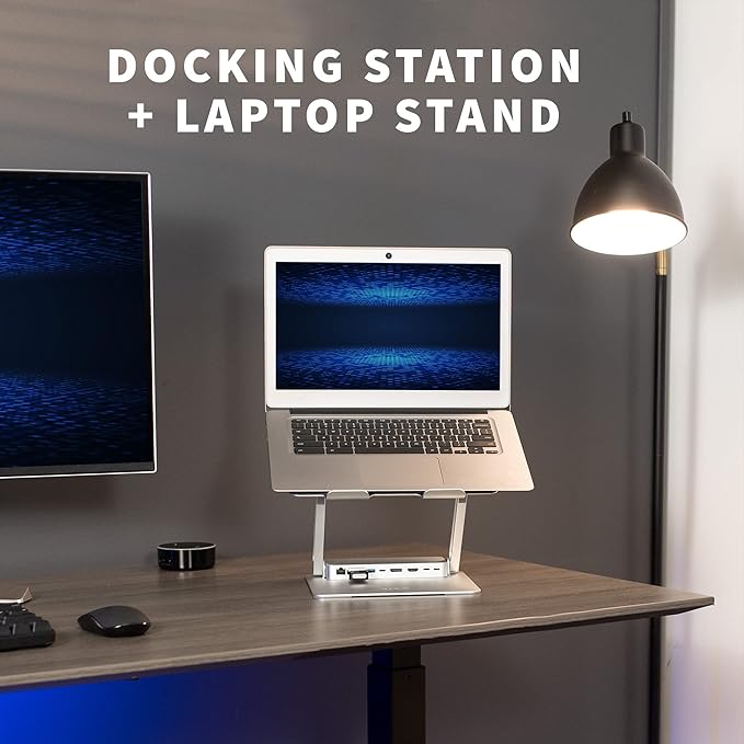 VIVO Universal 11 x 9 inch Height Adjustable Ergonomic Laptop Riser Docking Station with USB-C USB-A HDMI 4K60 DP 4K60 PD RJ45 Tabletop Desk Stand Power Hub Silver STAND-V000LD