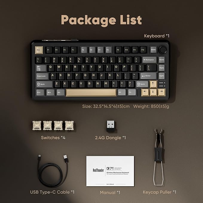 RedThunder K75 Wireless Mechanical Keyboard CNC Knob Tri-Mode BT5.0/2.4GHz/USB-C Hot Swappable Custom Pre-lubed Linear Coconut Switches Gasket Structure RGB Gaming Keyboard Black-Gold