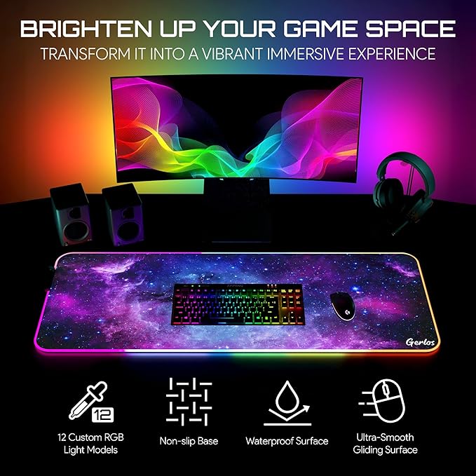 Gerlos RGB Large Gaming Mouse Pad Extended Soft LED Mouse Pad Non-Slip Rubber Base Water Resist Keyboard Pad Computer Mousepad 31.5×11.8 inches