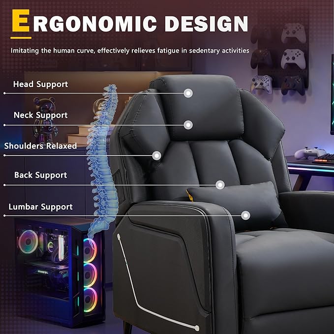 Gaming Recliner Chair with LED Lights Racing Style Big and Tall PU Leather Gaming Chair for Adults Lumbar Support Modern Ergonomic Home Theater Seating for Living Room (Black Ste of 2)