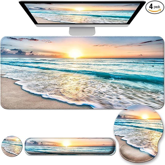 Desk Mat Set + Keyboard and Mouse Pad with Wrist Rest Support4-in-1 Large Mousepad Computer Mats for Desktop Home &amp Office-Blue Sunset Beach