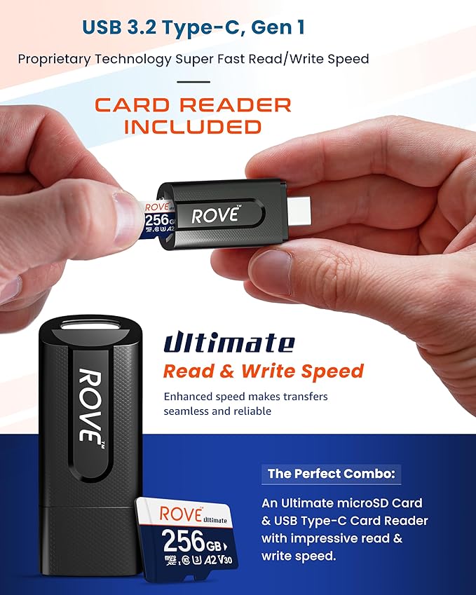 ROVE Ultimate Micro SD Card microSDXC 256GB Memory Card with USB 3.2 Type C Card Reader 170MB/s C10 U3 V30 4K A2 for Dash Cam Android Smart Phones Tablets Games