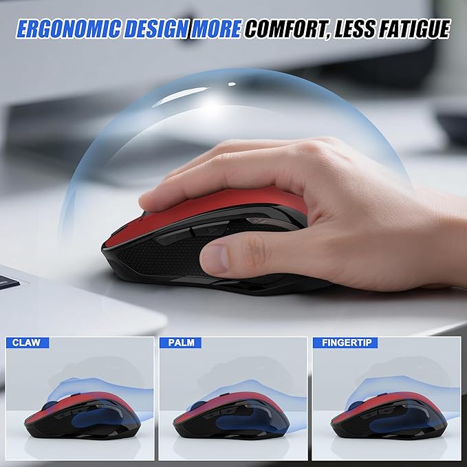 Bluetooth Wireless Mouse 2.4G Ergonomic Rechargeable Computer Mouse for MacBook Air iPad Pro PC with Jiggler Mode 3 DPI Levels &amp Forward/Back Buttons Laptop Mice for Office/Home/School - Red