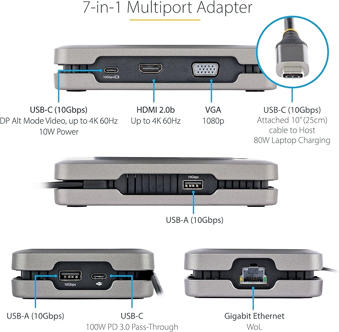 StarTech.com USB-C Docking Station for Windows and ChromeOS Dual Monitor 4K 60Hz USB-C/HDMI or 1080p VGA HDR10 USB 10Gbps Hub 100W Laptop Charging GbE - TAA
