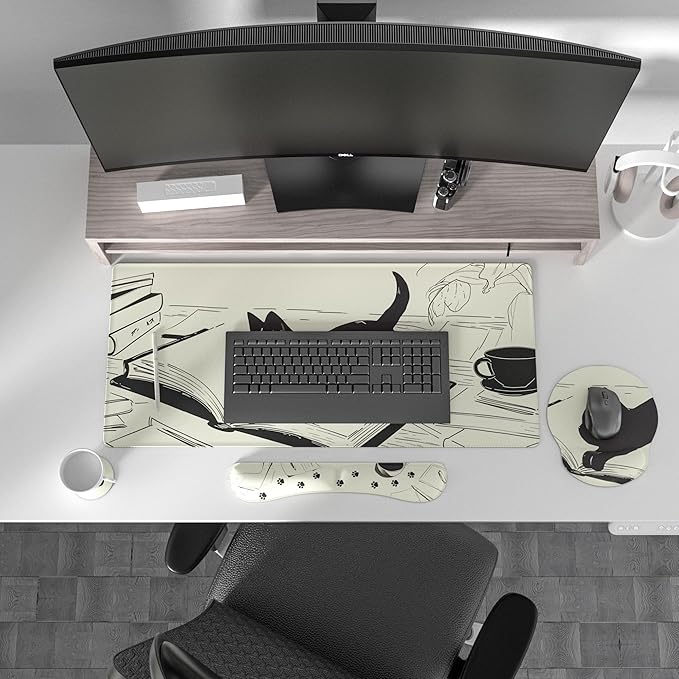 Ovenbird Mouse Pad Set 4-in-1 | Large Gaming Mousepad Keyboard Wrist Rest Mouse Wrist Support Coaster | Ergonomic Office Desk Mat Accessories for Women Men | 4PCS 35.4 x 15.7in Black Cat