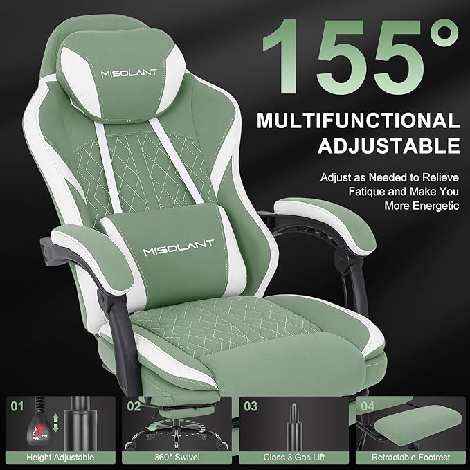 Misolant Gaming Chair Fabric Gamer Chair with footrest for Adults High Back Ergonomic Computer Game Chair with Adjustable Headrest and Massage Lumbar Support 90-155° Recline Free Green