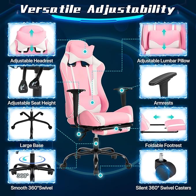 Ergonomic Gaming Chair with Footrest High Back PU Leather Office Desk Chair for Adults Teens Rolling Swivel Computer Chair (Pink)