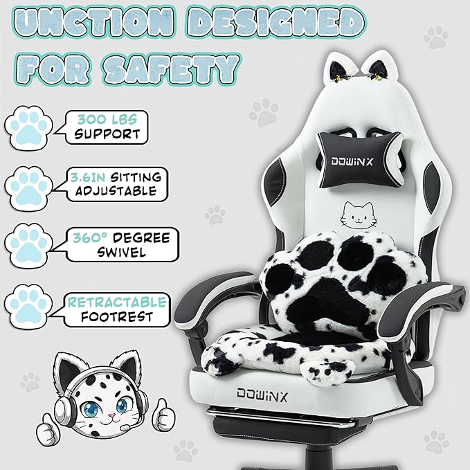 Dowinx Gaming Chair with Cat Ears and Paw Lumbar Pillow Ergonomic Reclining Chair Memory Foam and Spring Cushion Footrest 300lbs Capacity Cute and Comfortable Design for Women &amp Girls