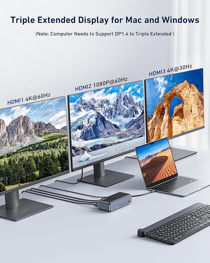 Raycue Triple Monitor USB C Docking Station - MacBook Pro Docking Station with Power Adapter for MacBook M1/M2/M3/Windows HDMI*3 RJ45 10Gbps USB*5 PD USB 3.0*2