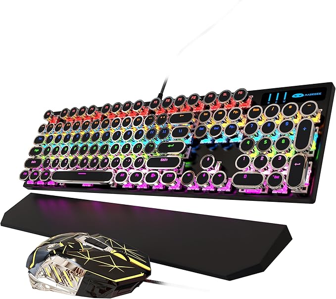 Typewriter Mechanical Gaming Keyboard and Mouse Combo Retro Punk Round Keycaps RGB Rainbow Backlit Wired Keyboard for Game and Office for Windows Laptop PC Red Switches(Black)