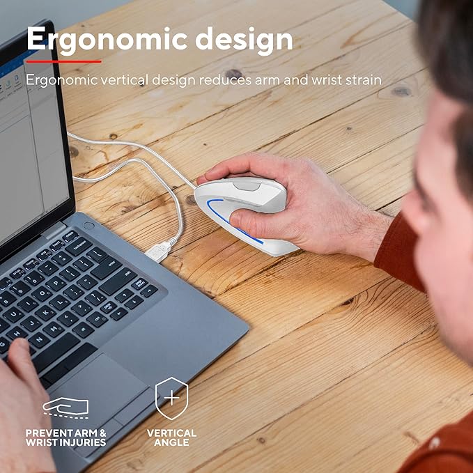 Trust Verto Wired Ergonomic Mouse Vertical Mouse with LED Illumination Reduces Arm Strain 1000-1600 DPI 6 Buttons for Right Hand Users 1.5m USB Cable Computer Mouse for PC Laptop. Mac - White