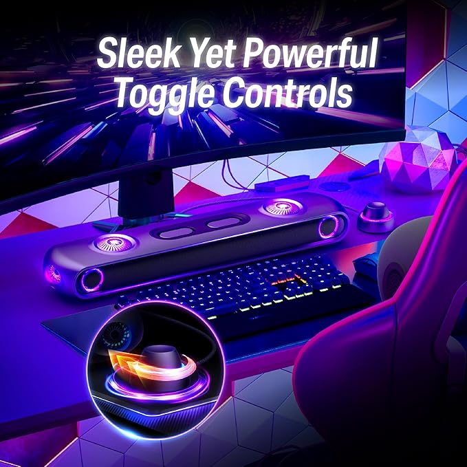 OXS Thunder Pro+ Gaming Soundbar with Wireless Satellite Neck Speaker 7.1.2 Dolby Atmos Surround Sound System Built-in Woofer App Customization RGB Effects 3 Pro Gamer Modes Sleek Toggle Design