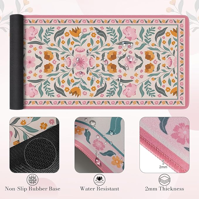 Keyboard Wrist Rest and Table Mat Set Desk Cover matPink Mouse pad with Wrist Rest with Coaster for Office TableNon Slip mat for Girly Office Accessories-Floral