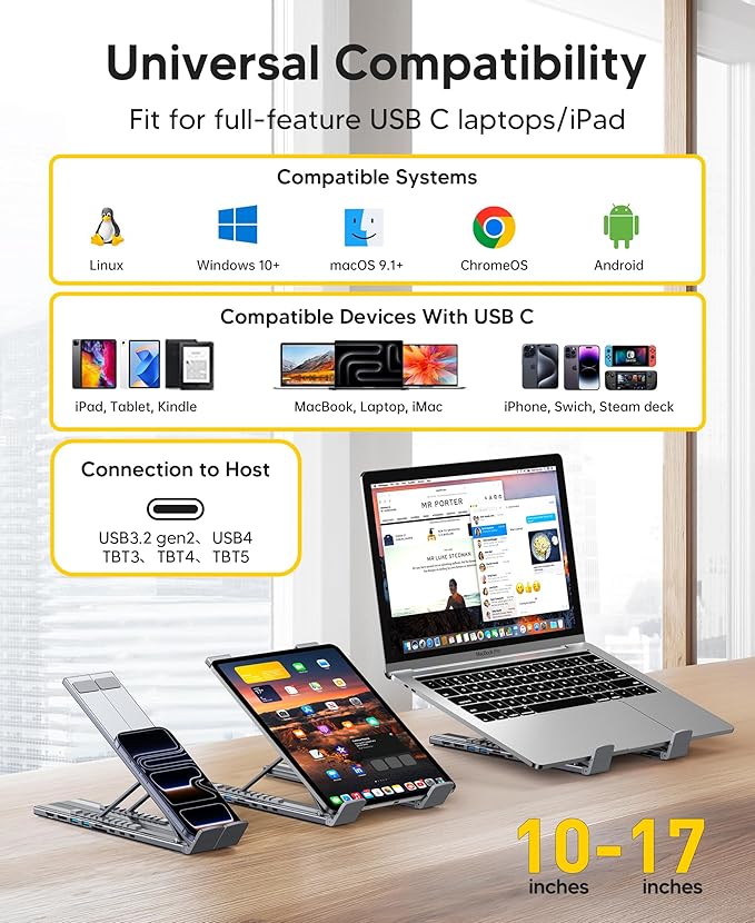 USB C Laptop Docking Station Stand Dual Monitor Single 8K for Windows DP 1.4 or Dual 4K for Win and Mac 9 in 1 USB C Hub with HDMI+DP 2*USB 3.0 PD 100W USB C 3.0 SD/TF Universal Dock Station