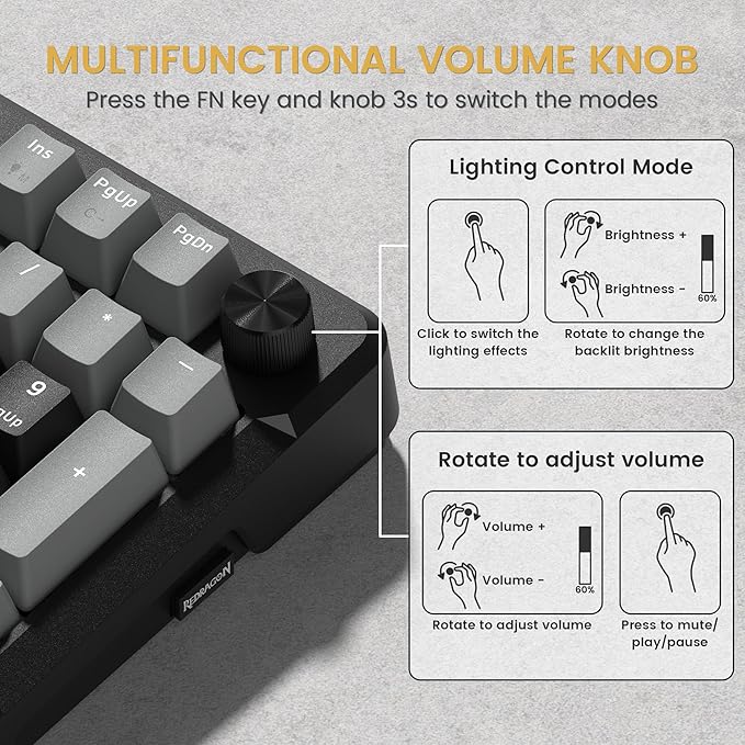 Redragon K742 Wireless Mechanical Gaming Keyboard with Knob Bluetooth 5.0/2.4GHz/USB C Wired Creamy Keyboard with Number Pad for PC Computer RGB Backlits Hot-Swappable with Linear Switches (Black)