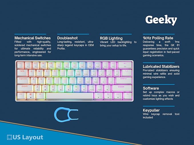 Geeky GK61 SE 60% | Mechanical Gaming Keyboard | 61 Keys Multi Color RGB LED Backlit for PC/Mac Gamer | ANSI US American Layout (White Mechanical Blue)