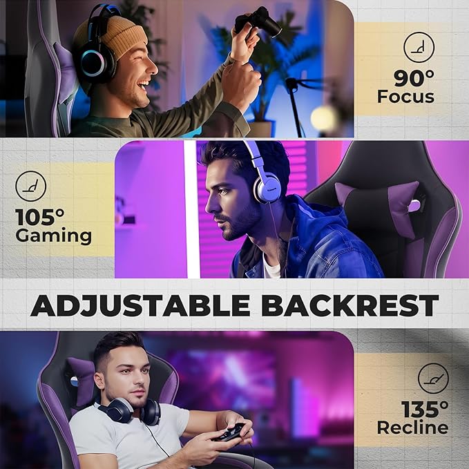 Gamer Chair Ergonomic Computer Chair Gaming Linked Armrests 300lb Capacity Heavy Duty Wide Seat Adjustable Recliner for Professional Players and Adults (Purple+Black)