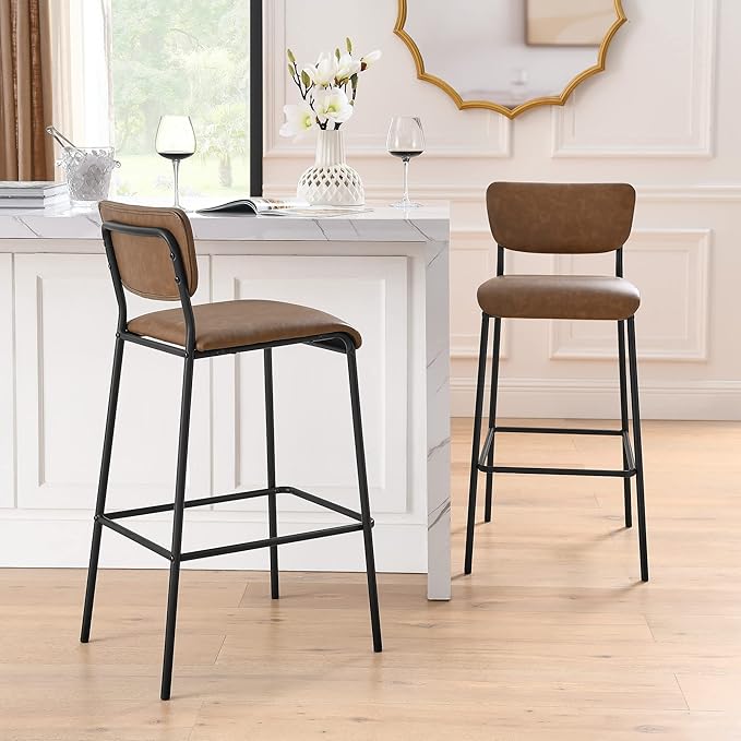 Pu Faux Leather Bar Stools Set of 2 Pub Barstools with Back and Footrest Brown (18.25 x20“x38.5”