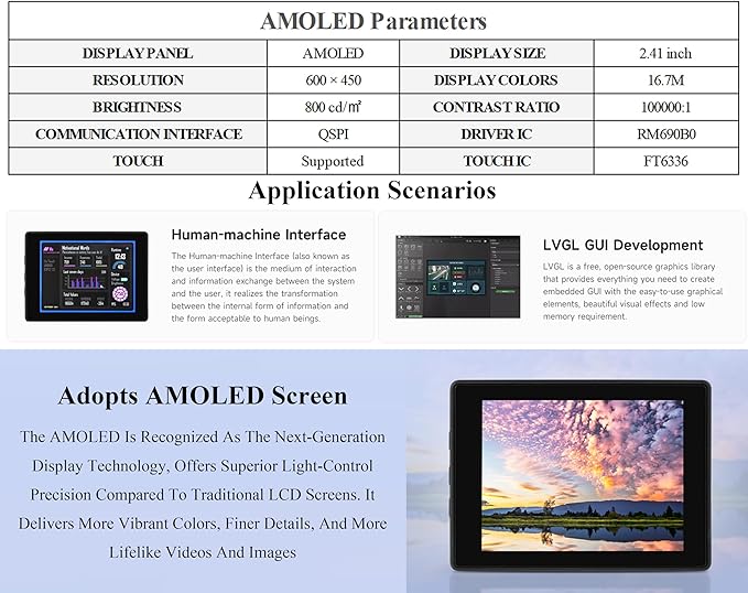 ESP32-S3 2.41inch AMOLED Touch Display Development Board 600x450 32-bit LX7 Dual-core Processor Onboard Accelerometer and Gyroscope Sensor ESP32 with Display (with Case Version)