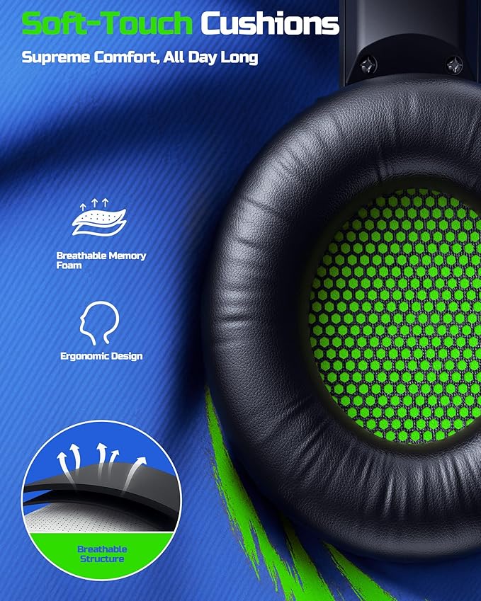 BINNUNE Wireless Gaming Headset — 2.4GHz Low-Latency USB Dongle + Bluetooth 50mm Drivers 7.1 Surround Noise-Cancelling Mic 40H Battery — Over Ear Wireless Headphones for PS5 PC Laptop Green