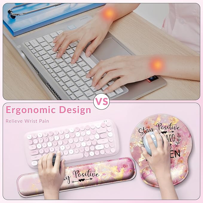Desk Mat Set + Keyboard and Mouse Pad with Wrist Rest Support4-in-1 Large Mousepad Computer Mats for Desktop Home &amp Office-Pink Positive
