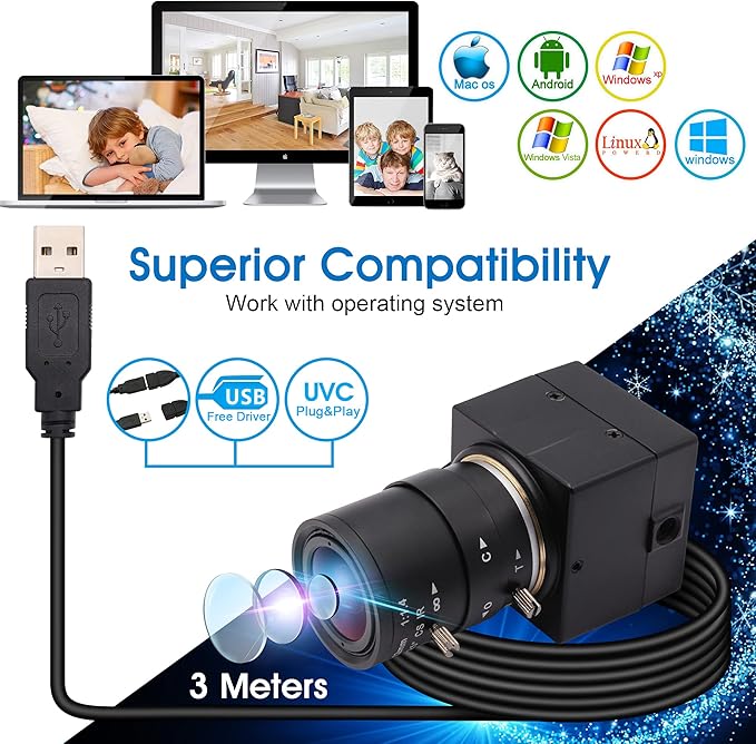 4K Wide Angle Varifocal Zoom Lens Webcam Ultra HD 2160P 30fps Plug and Play USB Computer Camera for Windows/Linux/Raspberry Pi/Mac