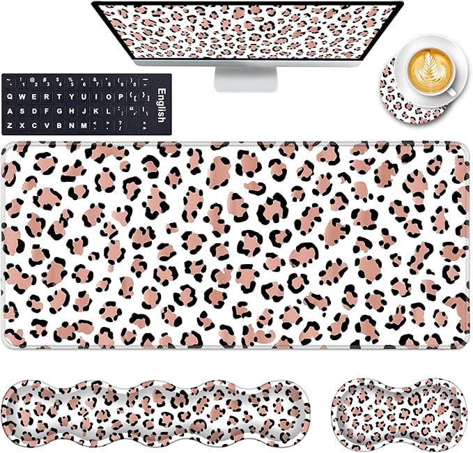 Keyboard Wrist Rest and Mouse Pad with Wrist Support Set Ergonomic CoasterMemory FoamEasy Typing Pain ReliefLarge XL Desk Mat 31.5x 11.8Leopard Print