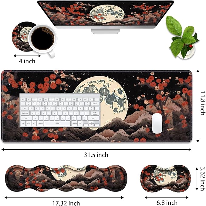 4 in 1 Ergonomic Memory Foam Mouse Pad Wrist Rest Set Large XXL Gaming Desk Pad + Keyboard Wrist Rest + Mouse Wrist Cushion + Coaster for Home Office Study Gaming Moon Peak Flowers