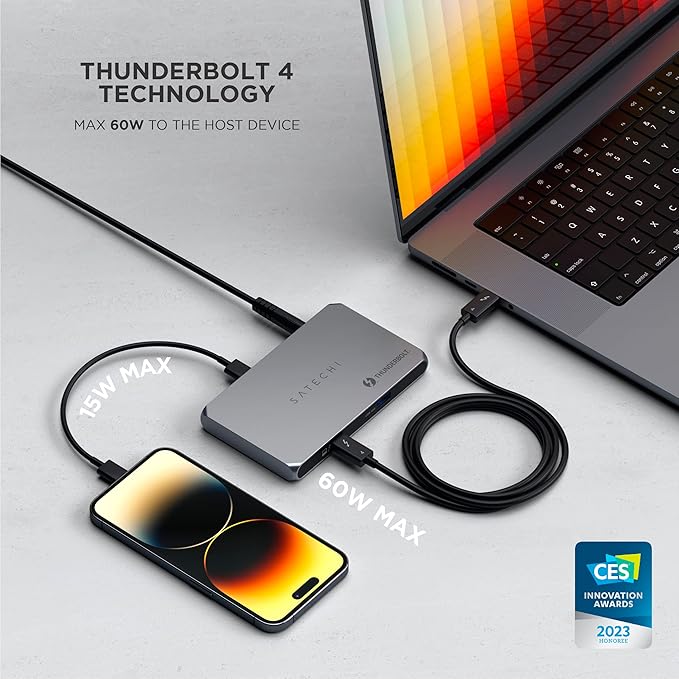 Satechi Thunderbolt 4 Slim Hub 5-in-1 USB C 60W Charging Single 8K or Dual 4K Display 4 Thunderbolt 4 Ports USB 3.2 Gen2 Compatible with USB4/Thunderbolt 4 Macs and Windows