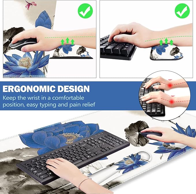 ARTSO Extended Gaming Mouse Pad Set Keyboard Wrist Rest Support Pad + Wrist Cushion + XXL Large Mouse Pad + Coaster Stitched Edge Non-Slip Memory Foam Desk Mat Blue Lotus Ink Painting
