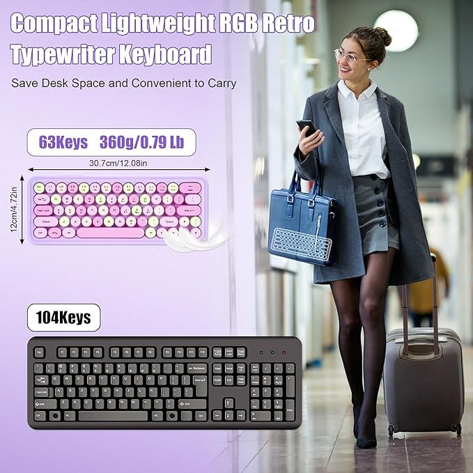 Wired RGB Creamy Typewriter Keyboard. 65 Percent Retro LED Membrance Gaming Keyboard. Small Ergonomic Optical Teclado with ABS Backlit Unreplaceable Round Keycaps. for Laptop and Office PC. (Purple)