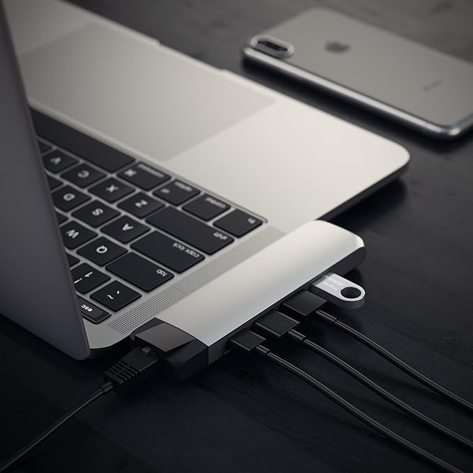 Satechi Type-C Pro Hub Adapter with Ethernet - 4K HDMI USB-C PD Gigabit Ethernet USB 3.0 Micro SD Card Slot - for M2/ M1 MacBook Pro/Air (Silver)